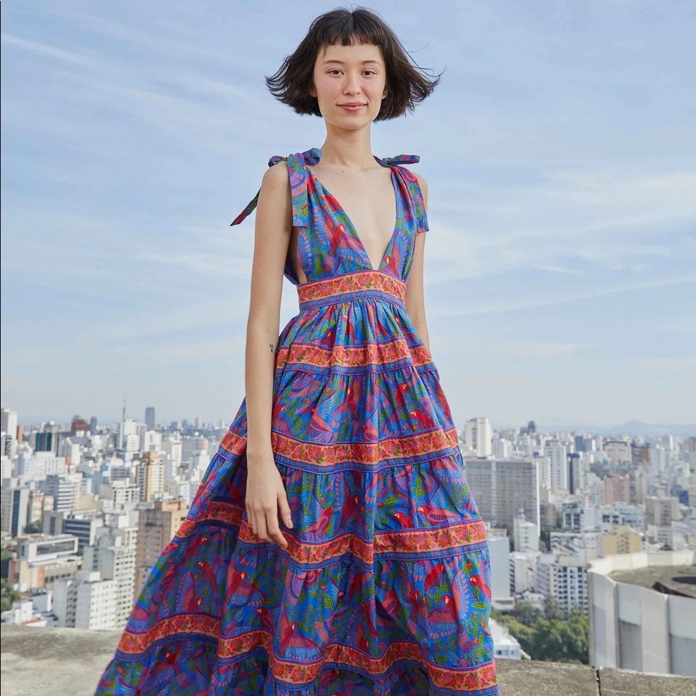 Farm Rio Blue Macaw Flight V Neck Midi Dress